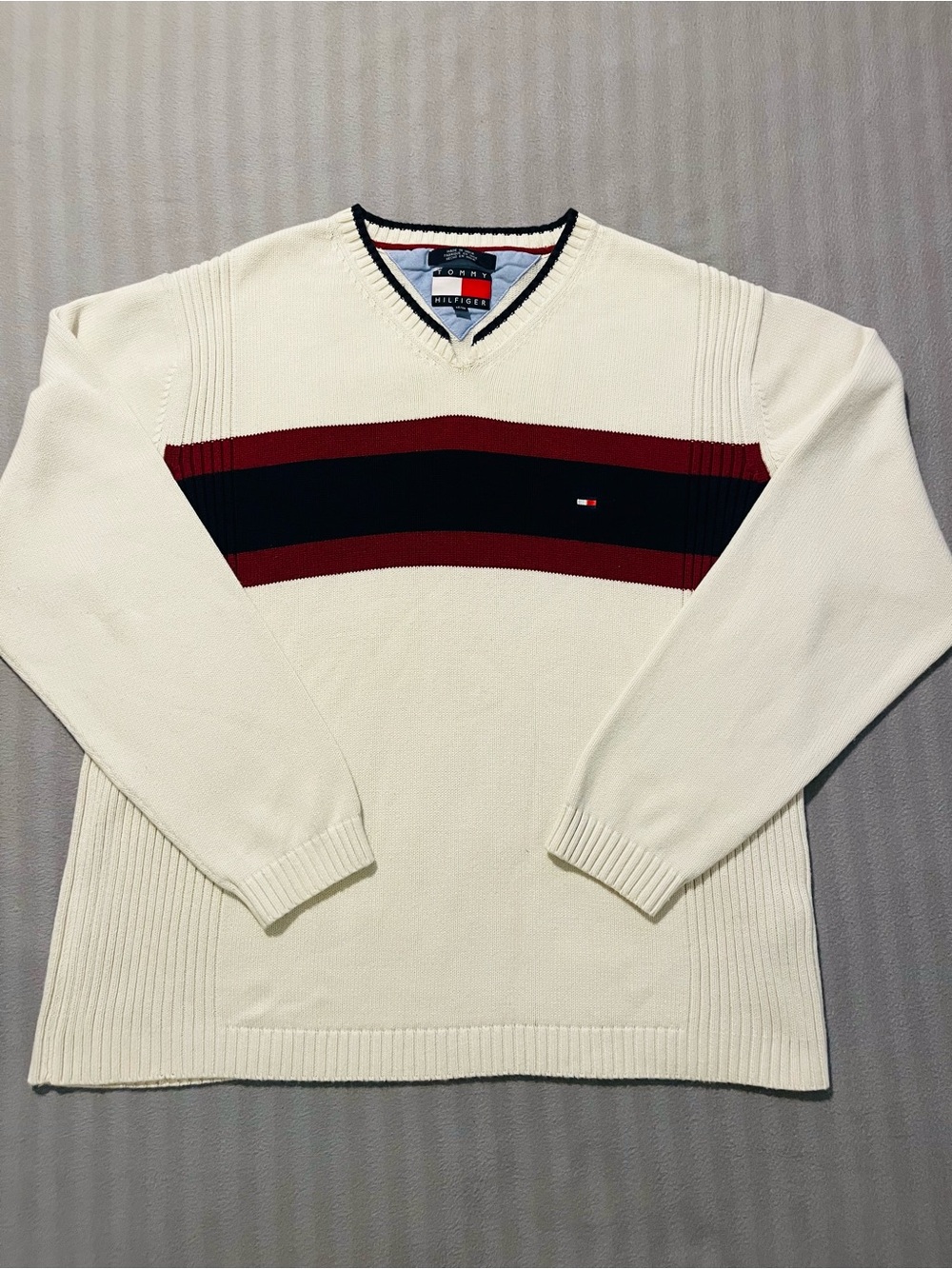 Tommy Hilfiger Cream V-Neck Sweater with Navy and Burgundy Stripes